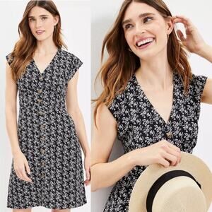 Loft Linen Floral Mini Dress Size 2 Petite Black Button Front Short Sleeve
